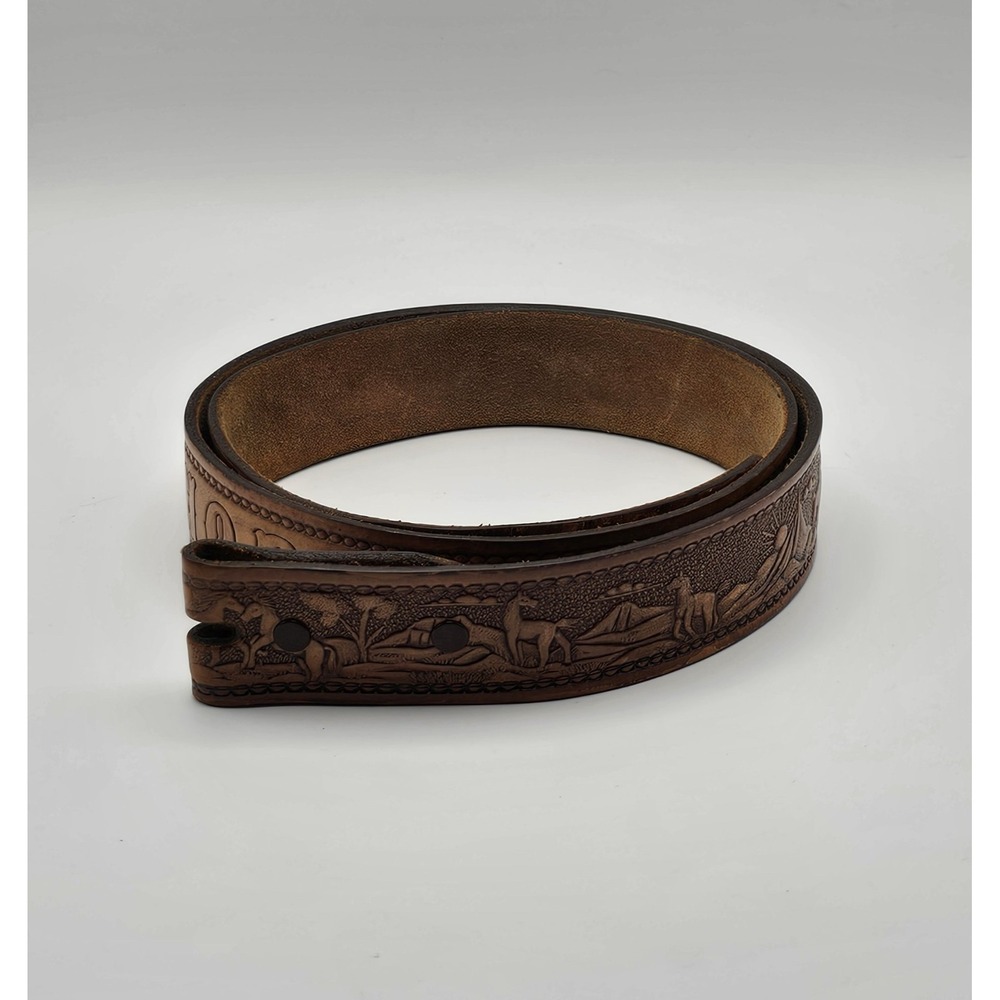 Thunderbird Full Grain Leather Belt Sz 40 Horses Engraved SHORTY No Buckle Brown